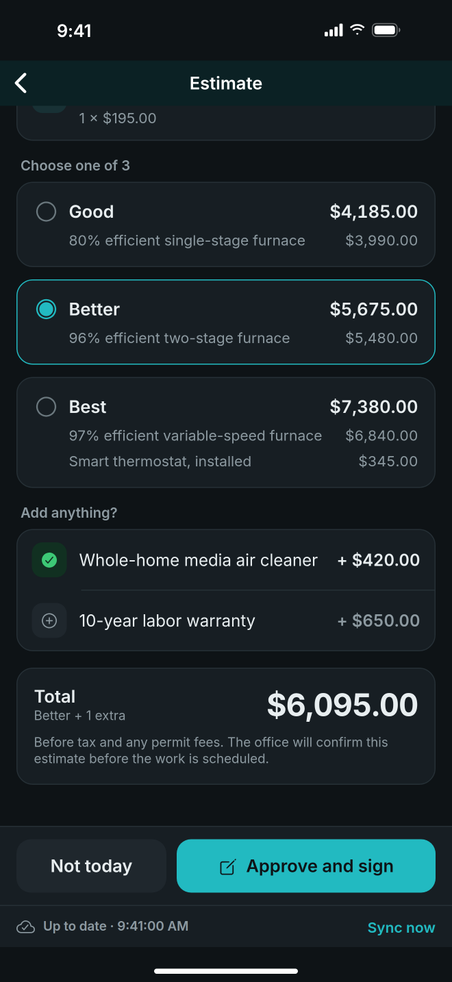 An estimate on the phone with three options and their totals