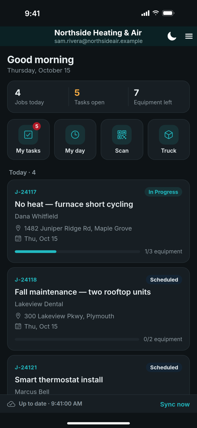 The jobs screen with today's jobs