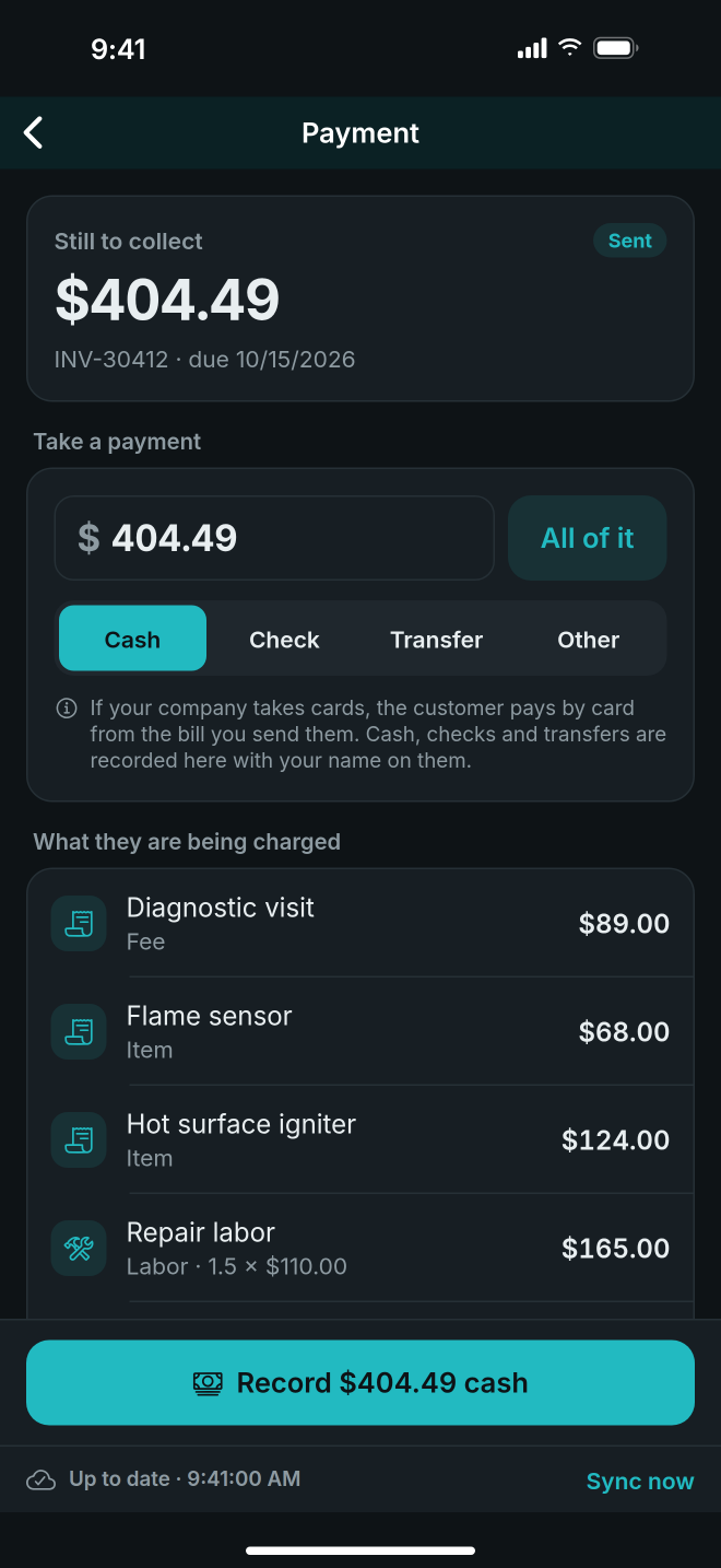 The Payment screen with the amount still to collect