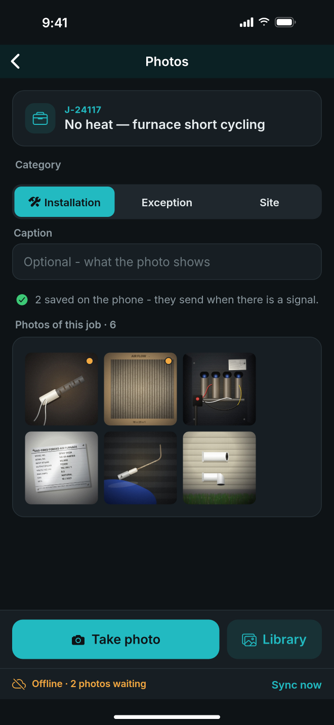 The Photos screen with six photos, two waiting to upload