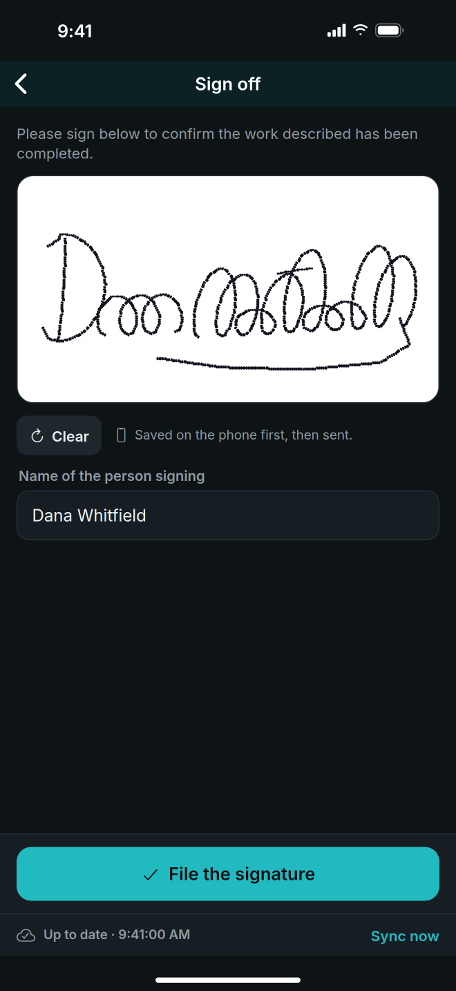 The sign-off screen with a signature and the customer's name